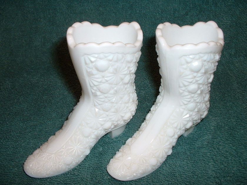 Fenton Daisy & Button Milk Glass  2 High Top Boots  