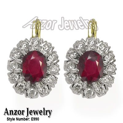   Jewelry Genuine Ruby and Diamond Earrings 18k Solid Two Tone Gold 750