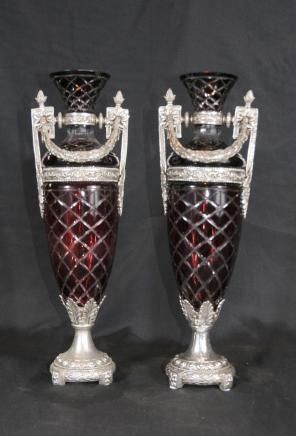 Cut Glass Silver Plate Classic French Urns Vases  