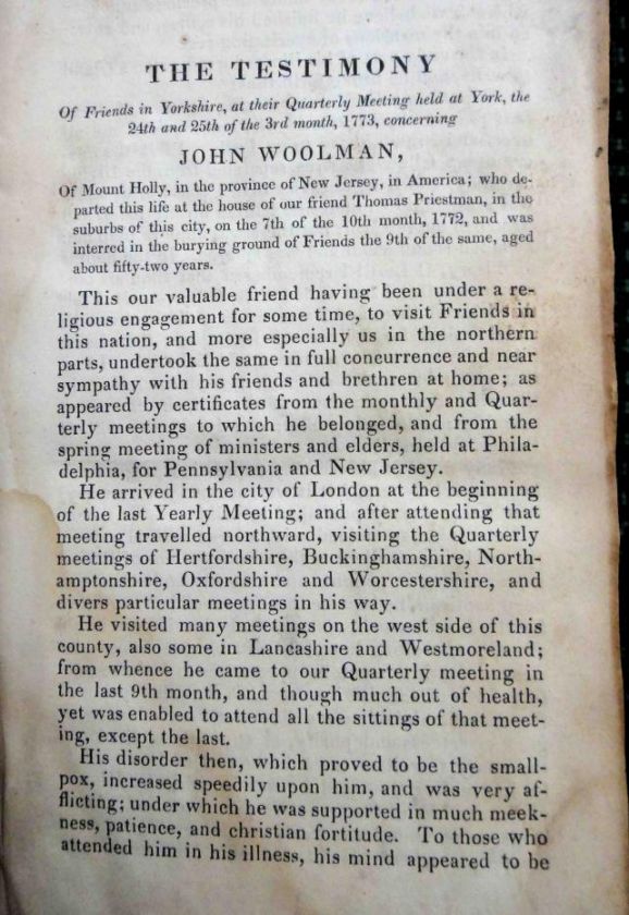 1837 antique JOHN WOOLMAN JOURNAL christian MOUNT HOLLY  