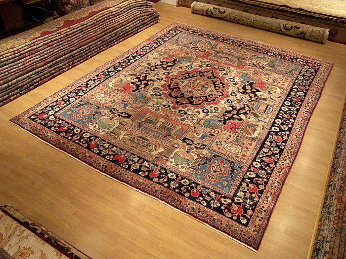   Antique Persian Pictorial Archaeological Kashmar Wool Rug Must See