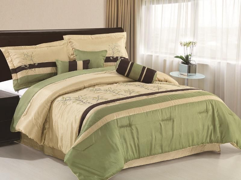 7pcs Taupe Forest Green Embroidery Tree Leaf Comforter Set Bed in a 