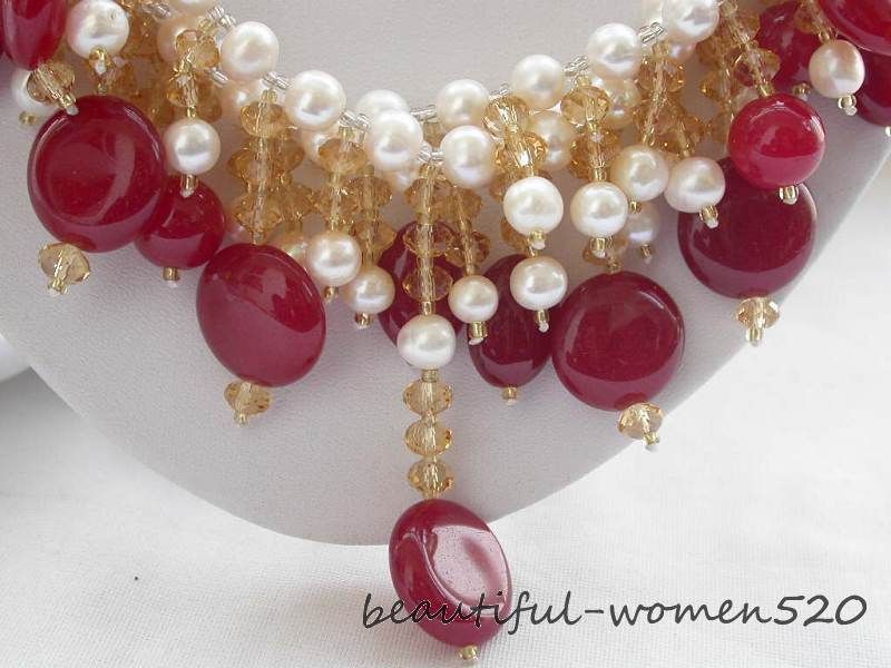 3row 8mm white round freshwater pearl red jade necklace  