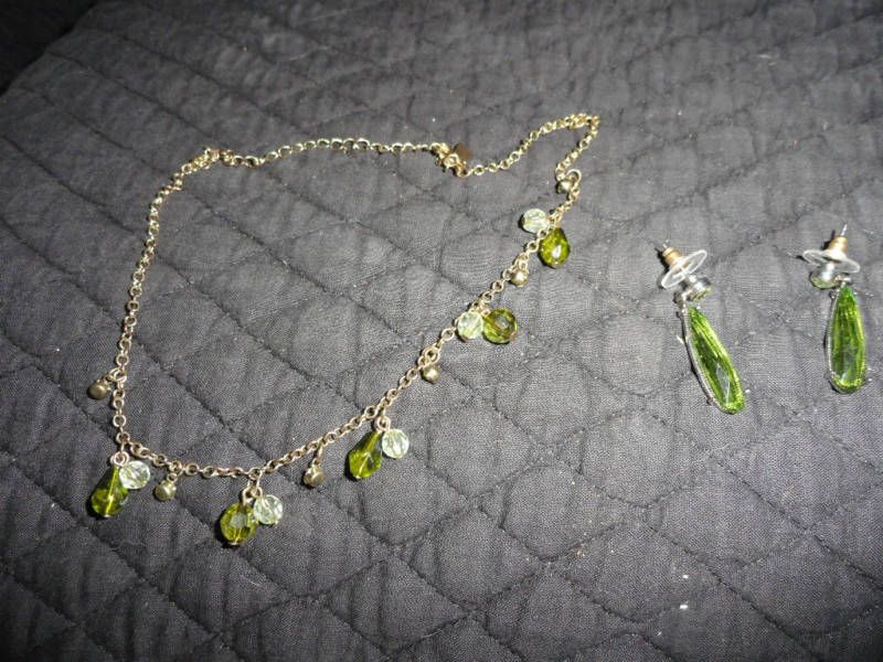 1928 brand necklace w/drop earrings, green crystal  