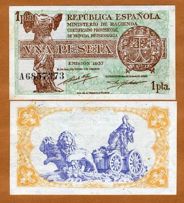 Spain, 1 Peseta, 1937, P 94, A Prefix, UNC  