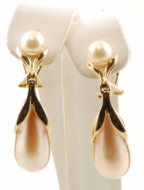   14 KARAT YELLOW GOLD MABE & CULTURED PEARL STUD DANGLING EARRINGS