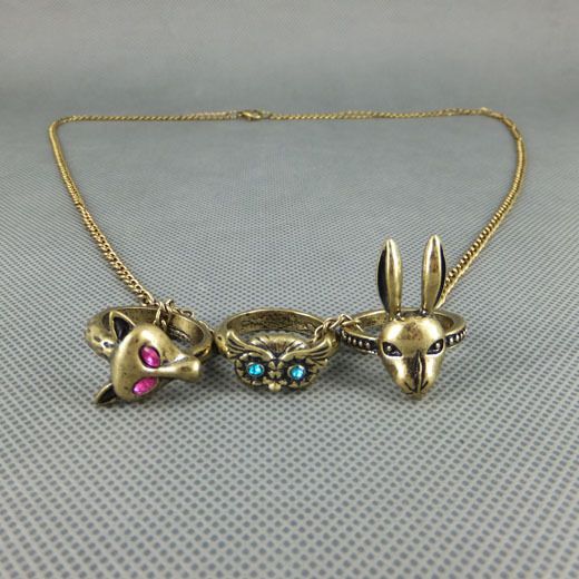 Antiqued brass Kangaroo Fox owl ring Necklace.  
