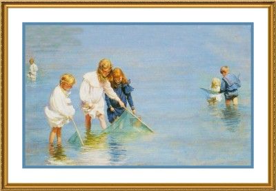 Charles Currans Children catching Minnows at Beach Counted Cross 