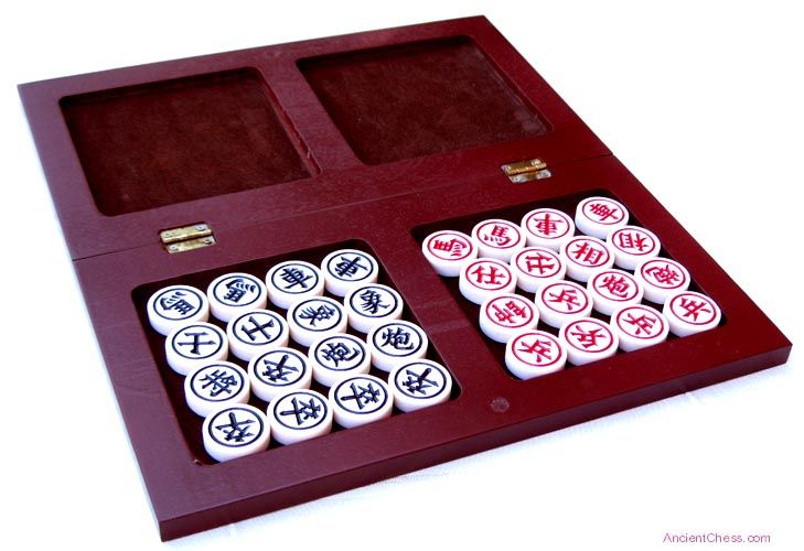 XIANGQI (CHINESE CHESS) FOLDING, BURNED WOOD, 13.5 BOARD, UREA PIECES 