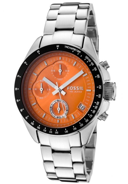 FOSSIL SILVER S/STEEL BAND w/ ORANGE CHRONOGRAPH DIAL WOMENS WATCH 