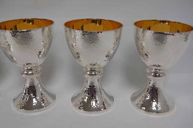 Beautiful Hammered Silver Communion Cups + Chalice +  