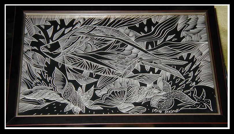 Rare Sascha B Brastoff Scratchboard Drawing   Mod Fish  