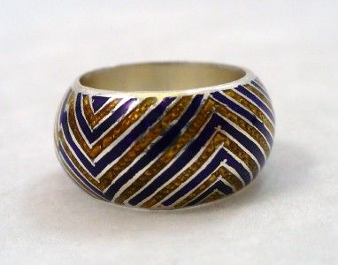 Vintage Sterling Silver Blue & Gold Enamel Dome Ring size 9.5  