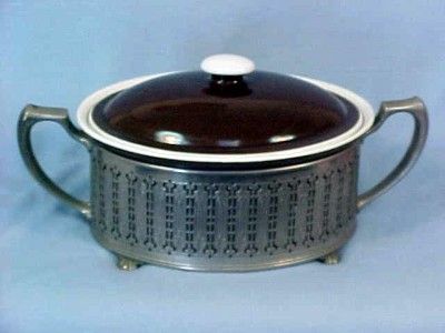 Hall Brown & White Lidded Pottery Casserole In Footed Metal Holder 