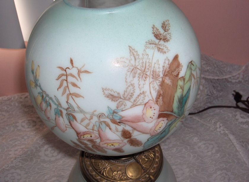   Victorian Oil Lamp Electric Painted Glass Globes Hurricane Lamp Signed