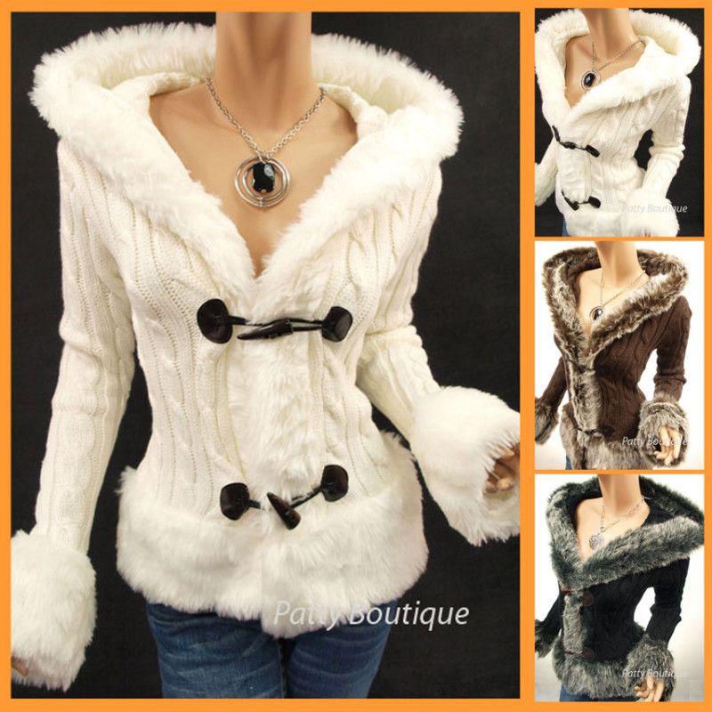 Russian Faux Fur Trim Hooded Cardigan Sweater Jacket  