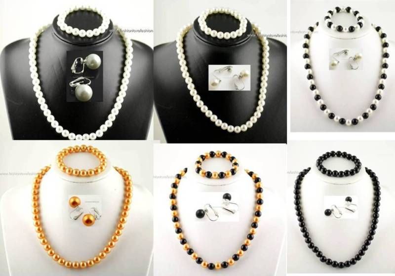 Faux Pearl SetNecklace+Bracelet+Clip On Earrings18  