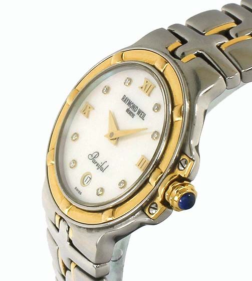 RAYMOND WEIL STAINLESS STEEL 18K GOLD DIAMOND MOP LADIES PARSIFAL 