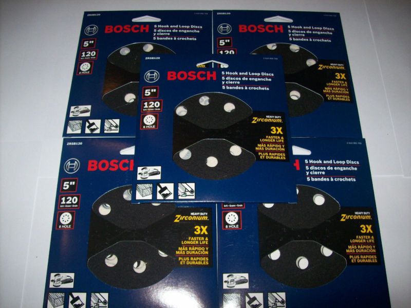 25 BOSCH 5 HOOK AND LOOP 8 HOLE SANDING DISCS 120 GRIT  