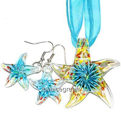 Aqua Starfish Lampwork Glass Bead Necklace Earring Set  