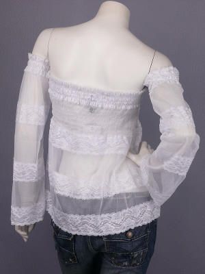 White Tiered Sheer Smock Strapless Top L  