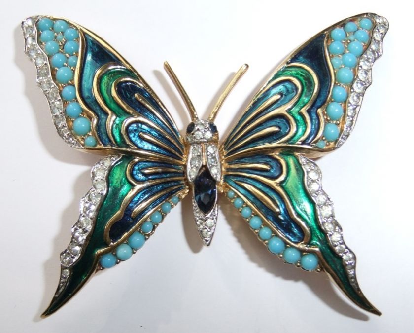 VINTAGE JOMAZ ENAMEL CRYSTAL SAPPHIRE TURQUOISE RHINESTONE BUTTERFLY 