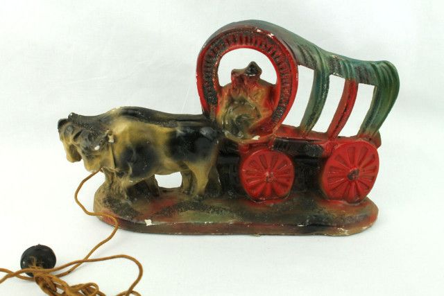 Vintage Chalkware Plaster Western Wagon TV Lamp Light  